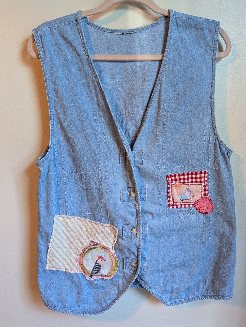 VINTAGE HANDMADE Light Blue Chambray Patchwork Whimsical Vest Size Medium